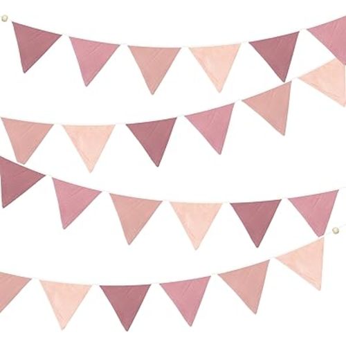 2 Sets of Dusty Pink Pennant Banner Flags Nursery Garland 24Pcs Blush Pink Linen Fabric Triangle Streamers for Kids Girls Birthday Boho Baby Bridal Shower Wedding Party Decorations Baby Bedroom Decor