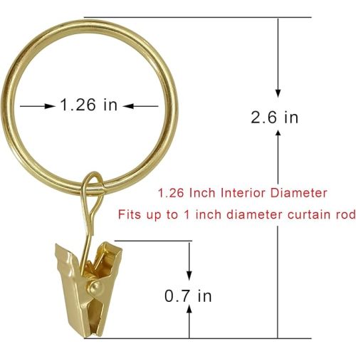 40 Pack Gold Curtain Rings with Clips, Curtain Hooks Hangers Clip Rings for Hanging Drapes Bows Hat, Drapery Rings 1.26 in I D, Fits up to 1 in Diameter Curtain Rod.