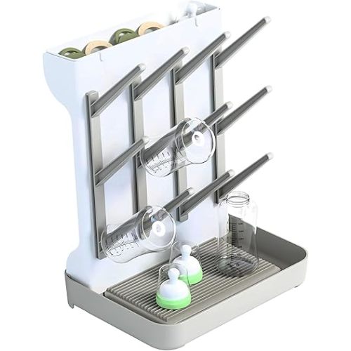 Vertical Baby Bottle Drying Rack Space Saving for Countertop & Kitchen,Large Multi Tiered Baby Bottle Rack Holder & Organizers and Storage for 11 oz Bottles,Glass Cup,Pump Parts,Pacifiers,Smart Grey