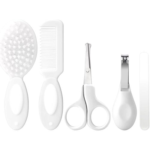 Baby Grooming Kit Newborn,Baby Health Care Kit,Baby Brush Soft Bristles 5 pcs Baby Nail Kit Nursery Care Kit Baby Hair Brush Hair Comb Nail Kit Safety Cutter Nail Clipper Set White