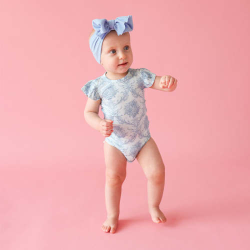 Floral Horses Blue Ruffled Cap Sleeve Baby Bodysuit | Charlotte Anne (3-6m)
