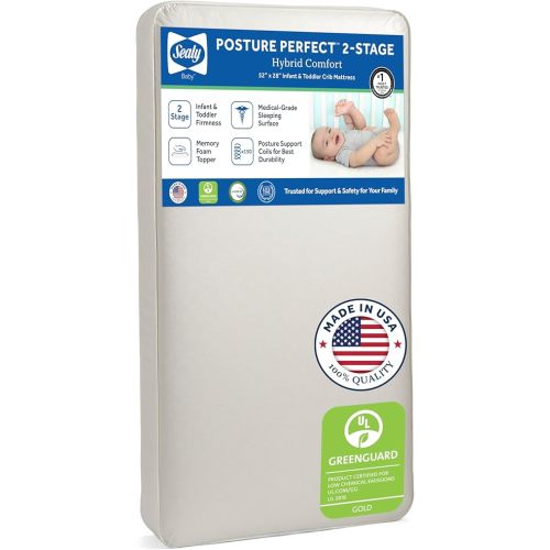 Sealy Baby Posture Perfect Breathable Crib Mattress, GREENGUARD Gold Certified, Made in USA, 2 Stage Hybrid Memory Foam & 150 Premium Coils, Toddler Bed Fit, Safety & Quality Tested, 52x28"