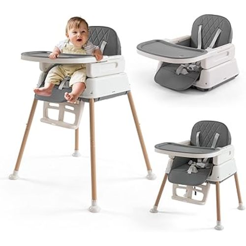 3-in-1 Convertible Baby High Chair with Adjustable Feeding Tray, 5 Point Harness, Footrest - Portable, Gray
