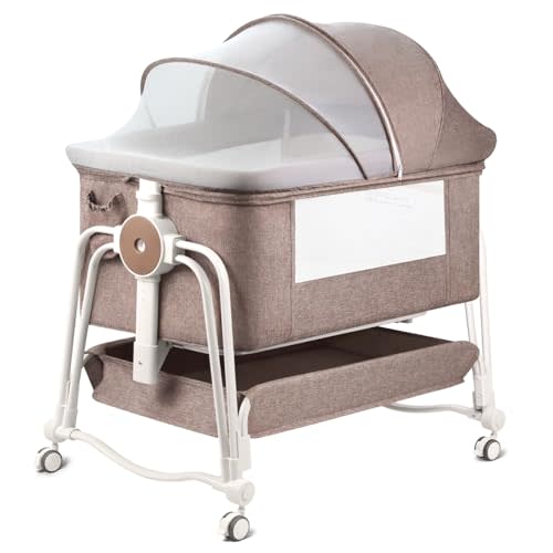 suihuooo 4 in 1 Baby Bassinet Bedside Sleeper, Rocking Baby Crib with Lockable Wheels, Storage, Mosquito Net and Matress Included, 7 Level Adjustable Bedside Bassinet for Baby Newborn(Khaki)