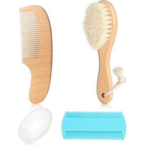 Baby Hair Brush and Comb Set, 4 in 1 Wooden Natural Goat Bristles Brush+Comb+ White Cradle Cap Brush Grooming Kit for Newborns Toddlers Boys Girls