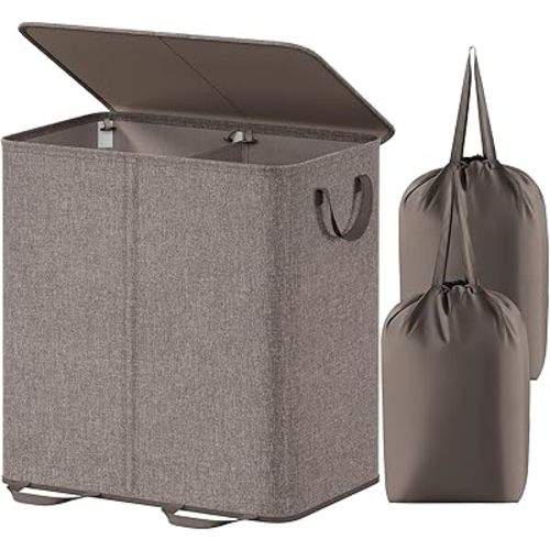 Lifewit Double Laundry Hamper with Lid and Removable Laundry Bags, Large Collapsible 2 Dividers Dirty Clothes Basket with Handles for Bedroom, Laundry Room, Closet, Bathroom, College, 136L Brown