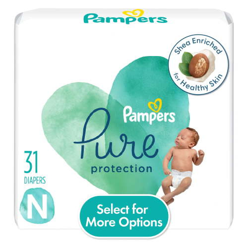 Pampers Pure Protection Newborn Diapers, 31 Count - Hypoallergenic, 12 Hour Leakage Protection, Shea Butter Enriched