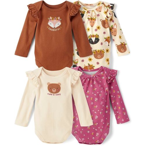 The Children's Place Baby and Newborn Everyday Long Sleeve Bodysuits,Multipacks, Harvest Fall 4-Pack