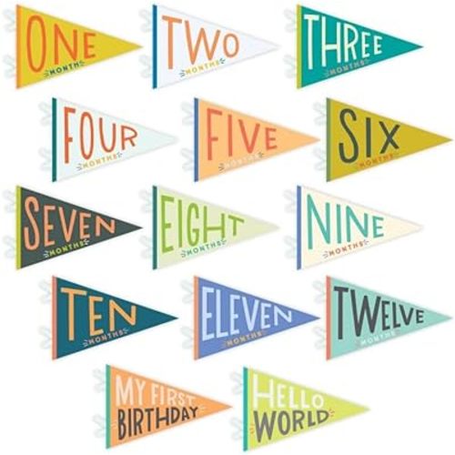 Lucy Darling Petit Milestone Pennants, 12 Felt Baby Monthly Milestone Banners for Baby Girl & Boy, Newborn Photography Props & Decor, Felt Pennant Flags, Perfect Baby Shower Gifts (Little Kaleidoscope)