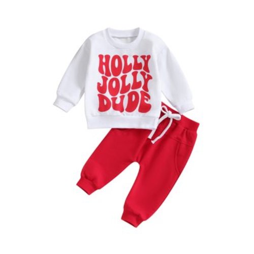 Canrulo Toddler Baby Boys Christmas Clothes Long Sleeve Letter Print Sweatshirt and Drawstring Pants Set White 3-6 Months