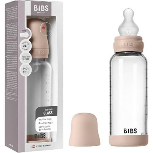 BIBS Baby Glass Bottle. 8 US fl oz / 240 ml. Anti-Colic. Vented Round Silicone Nipple. Supports Natural Breastfeeding, Medium Flow, Complete Set - Blush