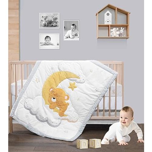Premium Quality 100% Cotton Crib Bedding Set for Baby Boys and Girls, 3-Piece Nursery Including Baby Comforter, Fitted Crib Sheet, and Adjustable Crib Skirt with Zipper