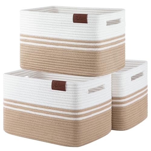 SIXDOVE Storage Basket, Woven Basket for Toys and Towels, Soft Cotton Rope Rectangle Woven Basket for Storage, Pack of 3, Jute and White, 15''L x 10''W x 9''H