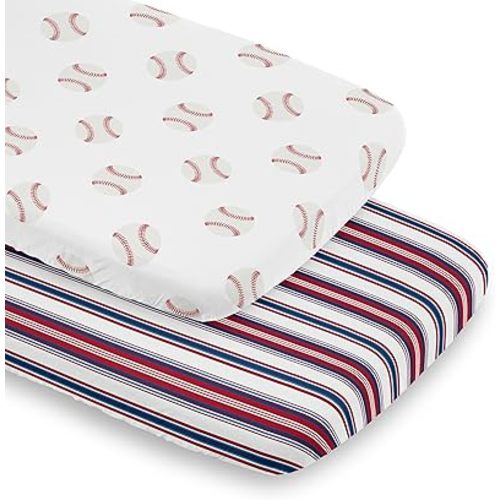 Sweet Jojo Designs Baseball Sport Boy Baby Bassinet Sheets Fitted Sheet Set for Infant Newborn Nursery Oval Rectangle Hourglass Mattress – 2p - Red White and Blue Stripes Striped Americana Sports