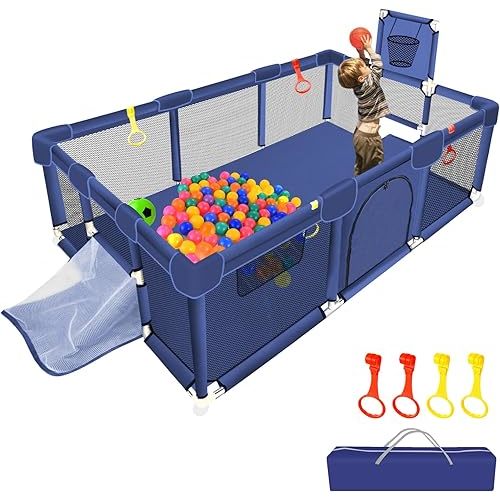 Large Playpen for Babies and Toddlers, 74''×50'' Kids Ball Pit, Sturdy Play Yard with Basketball Hoop & Soccer Nets, Children's Fence Play Area with Breathable Mesh, Indoor Outdoor Infant Safety Gate