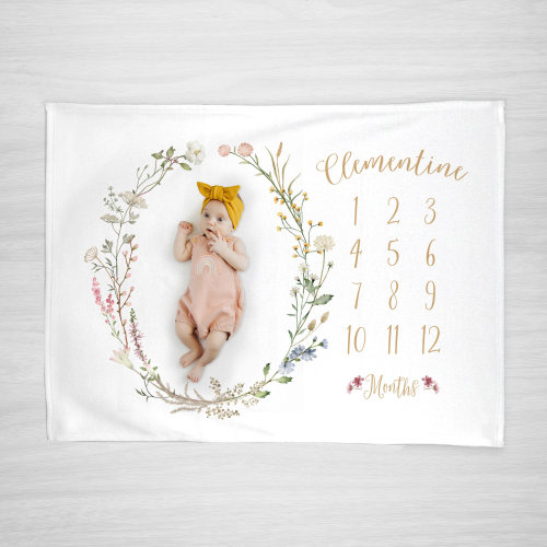 Wildflower Milestone Blanket, Personalized, Watercolor Botanical Vintage Style for baby girl