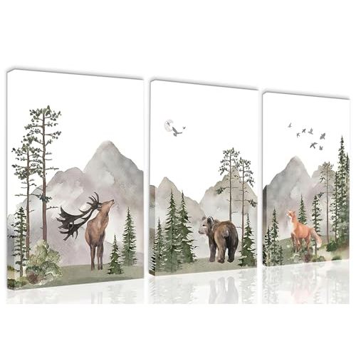 Yaneiro Woodland Nursery Canvas Wall Art Set of 3, Wild Animals Forest Adventure Theme Posters Prints, Deer Bear Fox Watercolor Paintings Wall Decor for Boys and Girls Room 12x16in Framed