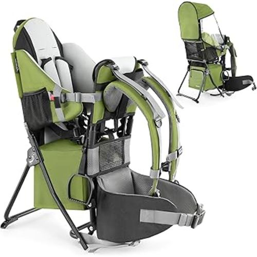 besrey Baby Backpack Carrier, Toddler Hiking Backpack with Safety 3-Height Seat, Adjustable Straps&Waist Belt, Foldable Frame Lightweight Large Capacity Child Carrier for Hiking (Army Green)