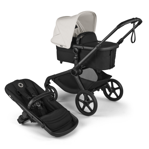 Bugaboo Kangaroo bassinet and seat stroller black base, midnight black fabrics, misty white sun canopy