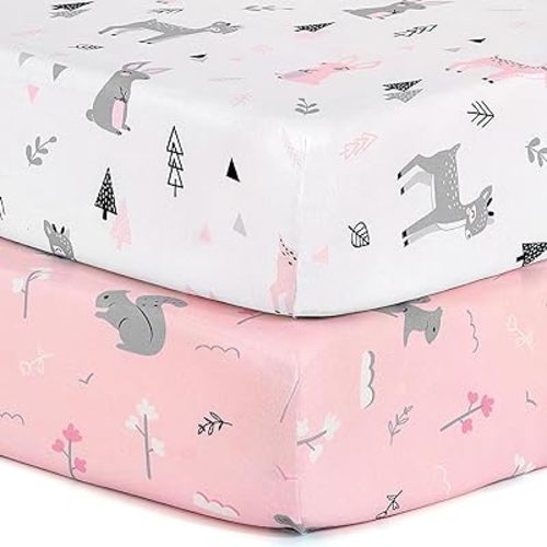 BROLEX 2 Pack Mini Crib Sheets, Stretchy Portable Fitted Playard Sheet Set, Convertible Playard Mattress Cover, Ultra Soft Breathable Material, Squirrel Deer