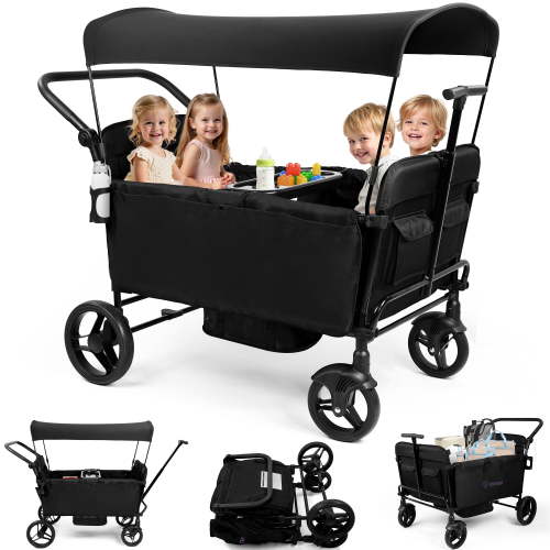 Vomeast Wagon Stroller for Kids, Spacious 4-Seater Stroller Wagon with Adjustable Canopy, Pull & Push Handle, 5-Point Harness, Foldable for Toddlers, Black