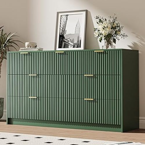 Green 7 Drawer Dresser for Bedroom, Modern Fluted Dresser with Gold Metal Handles, Wide Chest of Drawers for Bedroom, Living Room, Entryway, Hallway, 55.9" L x 15.7" D x 31.4" H