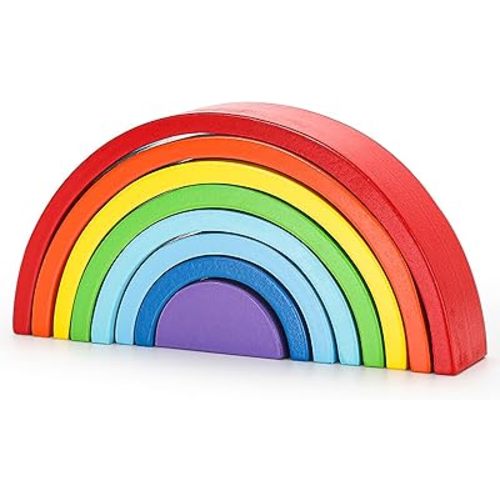 Wooden Rainbow Stacking Toy, Large Wood Rainbow Stacker Arch Game, Montessori Arch Bridge Rainbow Building Blocks, Colorful Stacking Blocks Puzzles for Kids 3 4 5 Years Old, Rainbow Decor (8 Layers)