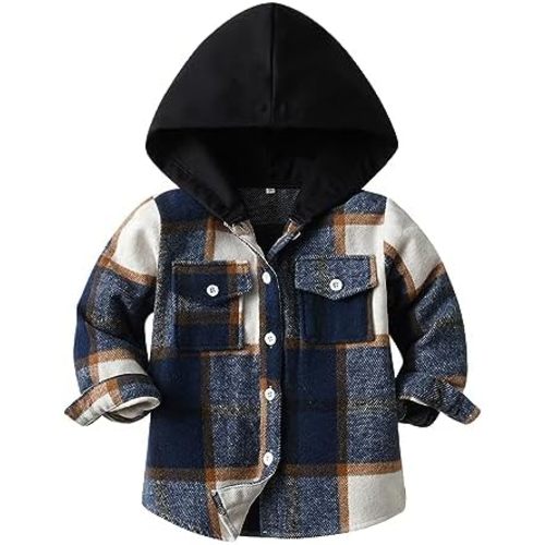 Toddler Kids Plaid Shacket Jacket Boys Girls Flannel Shirts Long Sleeve Button Down Hooded Jackets Warm Coat
