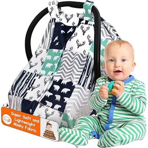 Dear Baby Gear Car Seat Blanket - Infant Carseat Canopy & Winter Covers - Cozy Baby Car Seat Cover for Girls & Boys - Doubles as Stroller Cover - Woodland Bear Quilt Feathers Navy Mint - 40" x 30"
