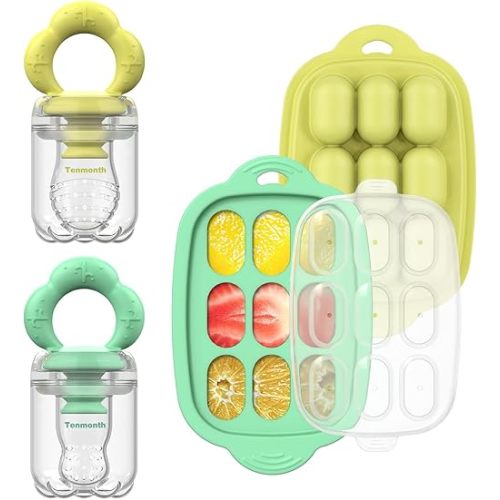Baby Fruit Food Feeder Breastmilk Popsicle Molds with Freezer Tray, Tenmonth Silicone Baby Feeder for Safe Infant Self Feeding and Teething Relief 2 Pack, BPA Free