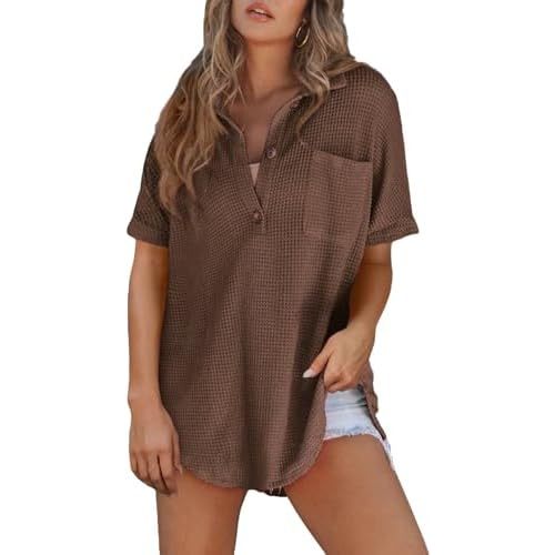 Astylish Women Waffle Knit Tops Henley Shirts Short Sleeve V Neck Solid Color Casual Tunic