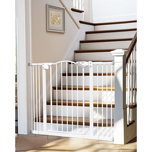 InnoTruth 29-39.6" Baby Gate for Stairs, Auto Close Both Sides Dog Gate with One-Hand Opening, 30" Tall Safety Gates for Pets, Hallways, Bedrooms, Wall Pressure Mount No Drill, White