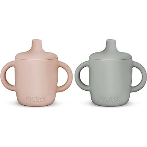 KIDSco. Silicone Sippy Cup and Training Cup for Baby 6 months+ Soft Spout and Handles Unbreakable Easy Grip for Babies 6-12 months and Toddlers 1-3 years 5oz/150ml (Grey Mist and Pink)
