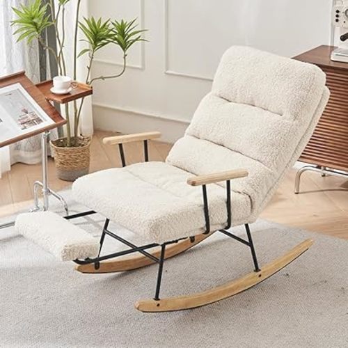 Modern Teddy Gliding Rocking Chair with High Back, Retractable Footrest, and Adjustable Back Angle for Nursery, Living Room, and Bedroom (Beige)