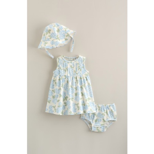 Pintuck Ruffle Cotton Dress, Hat & Bloomers Set