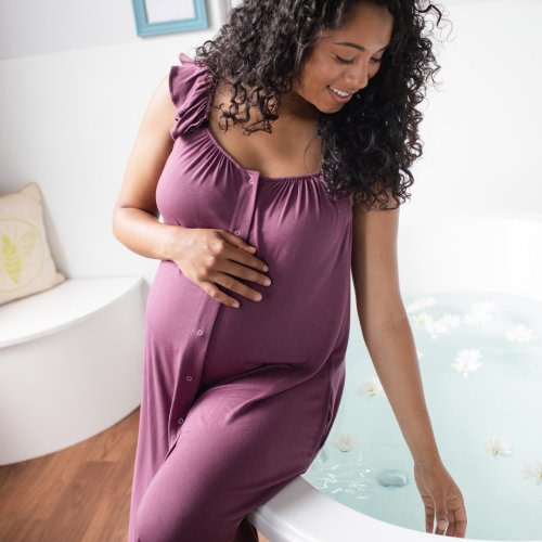 Ruffle Strap Labor & Delivery Gown | Burgundy Plum