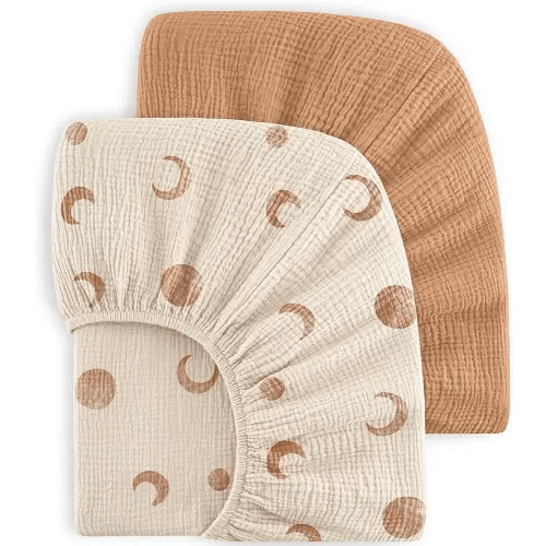 Bearmoss Muslin Crib Sheets 100% Cotton Baby Bed Sheets Soft&Breathable Nursery Sheet 52"x28" for Standard Crib Mattress&Toddler Bed Mattress - 2 Pack (Brown Moon)