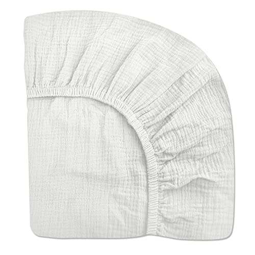 Pack and Play Sheets for Baby Boys and Girls 39"x27"x3", Neutral Muslin Cotton Pack N Play Mattresses Sheet with Boho Style, Soft and Breathable Comfort (Pank N Play Sheet, White)