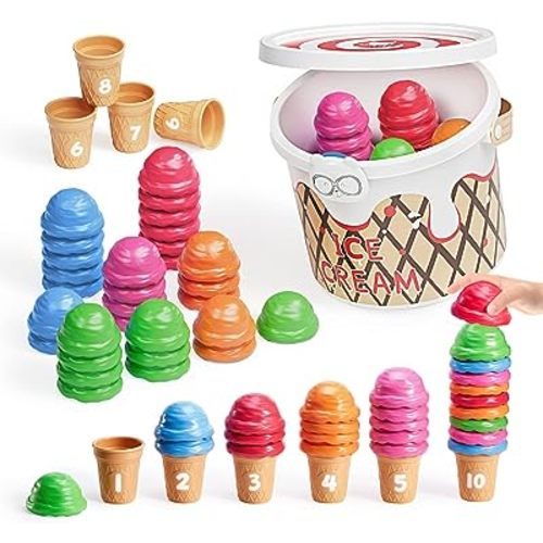 JoyCat Ice Cream Preschool Learning Activities Counting and Color Sorting Set Stacking Toys for Kids 3-5, Safety Fine Motor Skills Toy, Math Learning Resources Easter Basket Stuffers for Toddler 65PCS