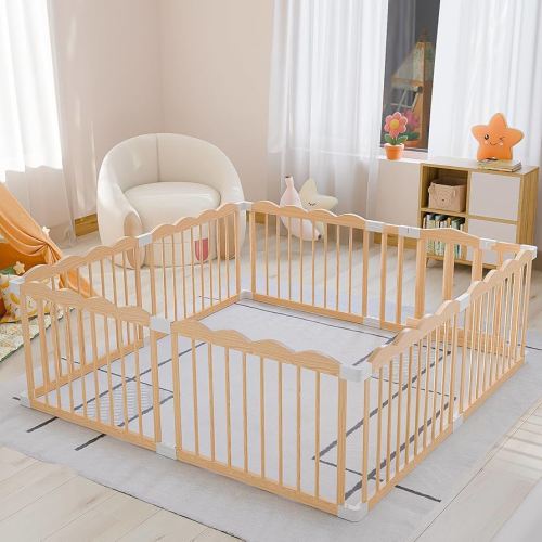 Baby Play Pen,Large Playpen for Babies and Toddlers Expandable Wooden Play Yard with Gate Adjustable Wood Fence for Kids with Locking Gate Easy to Assemble