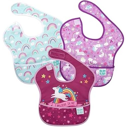Bumkins Bibs for Girl or Boy, SuperBib Baby and Toddler for 6-24 Months, Essential Must Have for Eating, Feeding, Baby Led Weaning Supplies, Mess Saving Catch Food, Fabric 3-pk Unicorns and Rainbows
