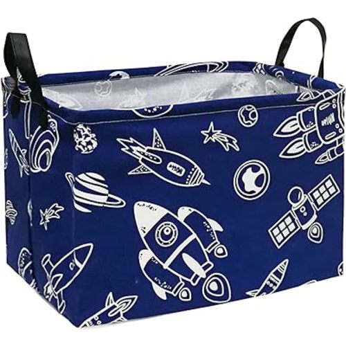 Rectangle Kids Gift Storage Basket Shelf Storage Basket Organizer Box Clothes Laundry Hamper Toys Nursery Basket Baby Laundry Basket with Handles (REC-Navy Spacecraft)