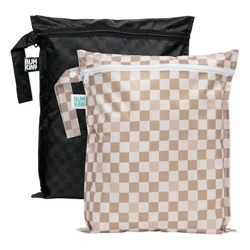 Bumkins - Waterproof Wet Bag - For Baby, Travel, Swim Suit, Cloth Diapers, Pump Parts, Pool, Gym, Toiletry, Strap to Stroller - Reusable & Easy to Clean - 2pk - Beige & Black Check