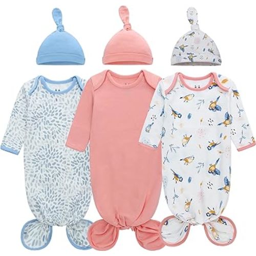 Miracle Baby Newborn Knotted Gown with Hat Set, 3 Pack Newborn Nightgowns, Baby Sleeper Gowns with Mitten Cuffs for Boys Girls 0-6 Months