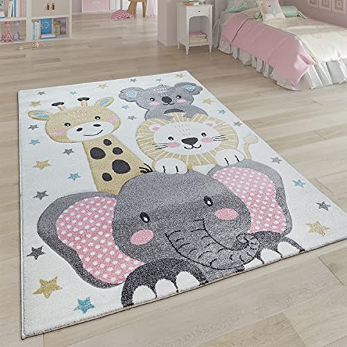 Paco Home Kids Rug for Nursery Happy Elephant, Giraffe & Lion in Pastel Cream, Size: 5'3" x 7'7"