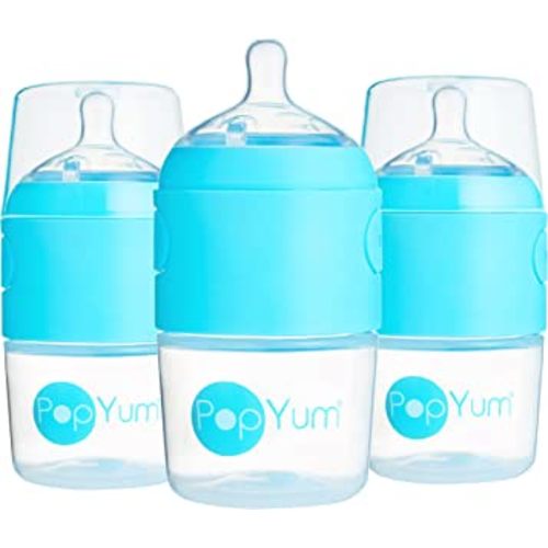 PopYum 5 oz Blue Anti-Colic Formula Making/Mixing/Dispenser Baby Bottles, 3-Pack with #1 Slow Flow Nipples, 150 ml, BPA-Free, Natural Latch