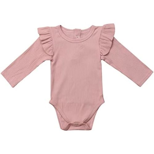 Mubineo Infant Baby Girl Basic Plain Rib Knit Ruffle Long Sleeve Romper Bodysuit Tops