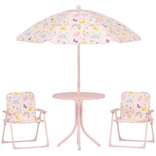 Qaba Kids Picnic Table and Chair Set, Outdoor Activity Table with 2 Foldable Chairs, Removable Umbrella, for Backyard, Garden, Pink