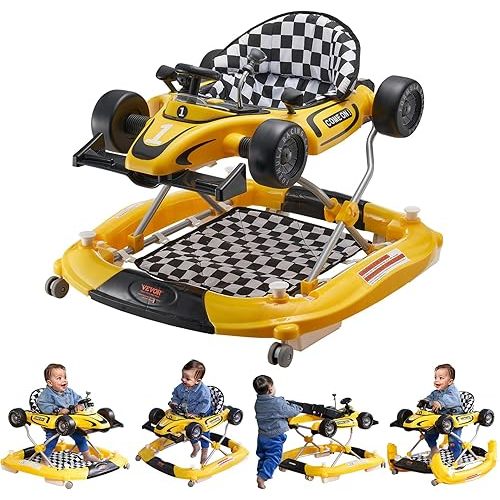 VEVOR 4-in-1 Baby Walker, Foldable Baby Activity Center on Wheels, Adjustable Height, Light, Steering Wheel, Car Shape | Learning-Seated | Walk-Behind | Rocker Toddler Walker for 6-24 Month Boys Girls