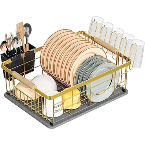 Dish Drying Rack Gold with Diatomaceous Earth 1 Tier,Multifunctional Dish Racks for Kitchen Counter Quick-Drying,Large Capacity Space Saving with Cutlery Cups Holder